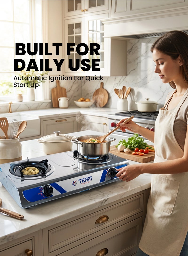 Team Stainless Steel 2‑Burner Gas Stove with Automatic Ignition | High Efficiency Blue Flame | Low Gas Consumption | Detachable Trivet | LPG Gas Cooktop for Home Kitchen - Image 2